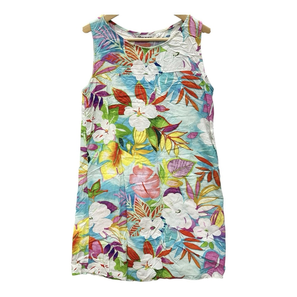 Jams World Tropical Hawaiian Sleeveless Luau Small Rayon Dress Colorful Vtg
